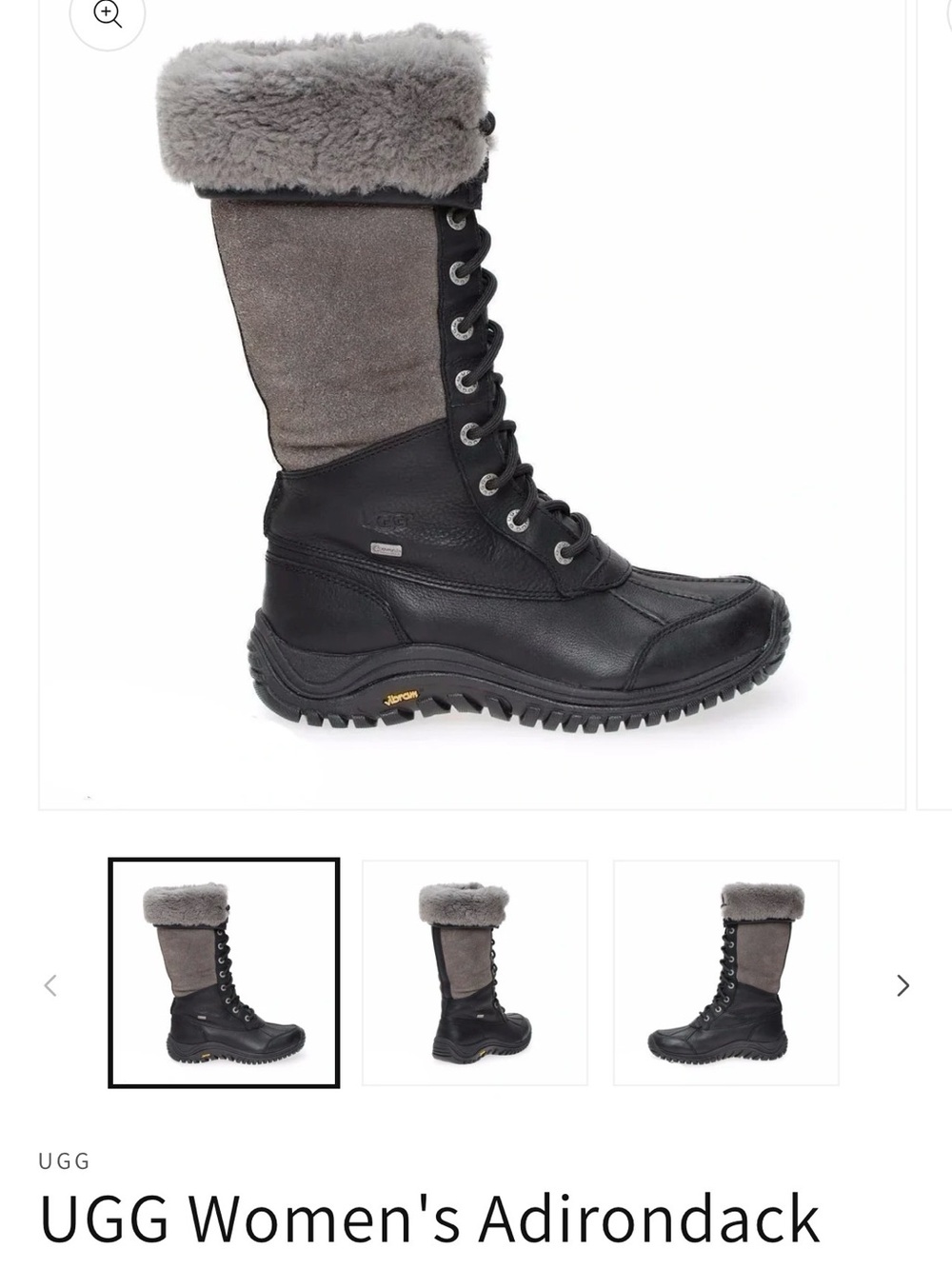 UGG Women's Tall Adirondack  Lace-Up Winter Boot in Black and Gray